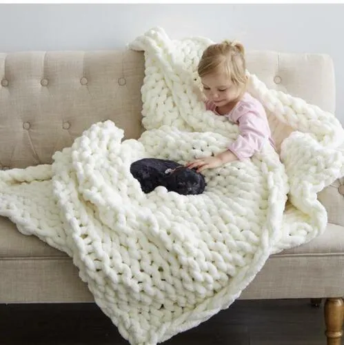 Luxury Handmade Chunky Yarn Throw Blanket Customized Size Large Cable Chenille Knit Burnt Orange Bedding Sofa Blanket