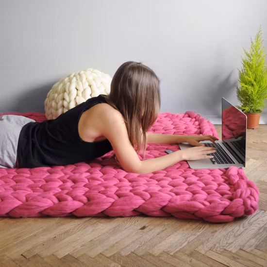 Luxury Handmade Chunky Yarn Throw Blanket Customized Size Large Cable Chenille Knit Burnt Orange Bedding Sofa Blanket