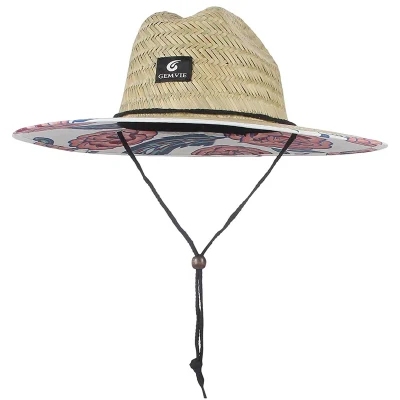 Cappello da spiaggia estivo da donna e da uomo in paglia naturale a tesa larga Cappello da bagnino in paglia con stampa sotto la tesa per giardinaggio Pesca escursionismo