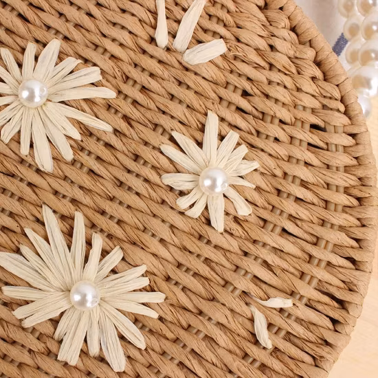 2021 Borsa da donna in paglia rotonda estiva con messaggio da spiaggia intrecciata a mano da donna